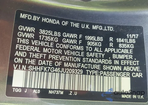 2018 Honda Civic Sport from USA, damaged, VIN SHHFK7G46JU209329